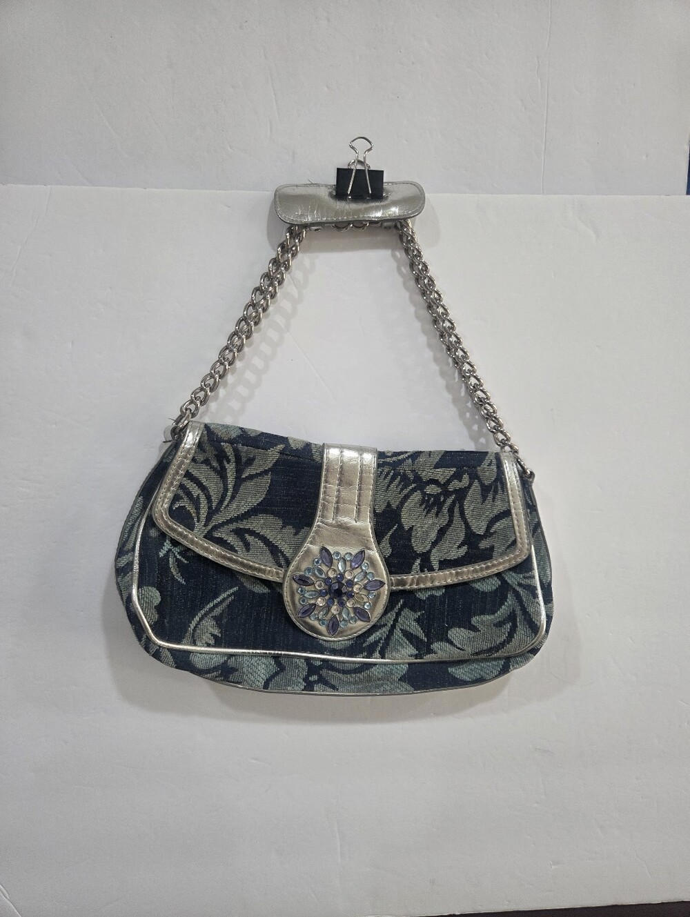 Navy Floral Jacquard Shoulder Bag with Silver Trim and Jeweled Medallion
